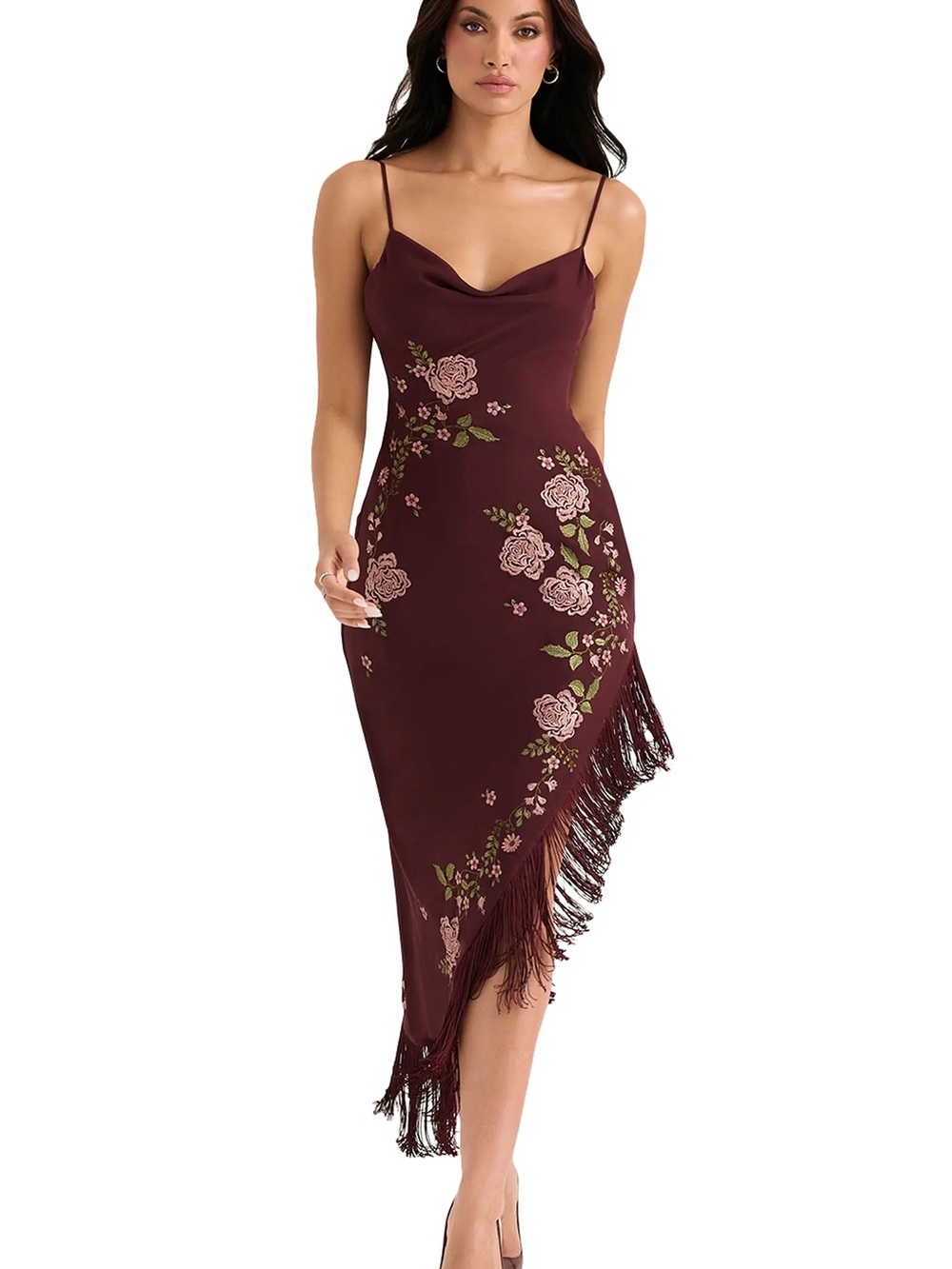 House of CB Eloisa Burgundy Floral Asymmetrical Fringe Slip Midi Dress